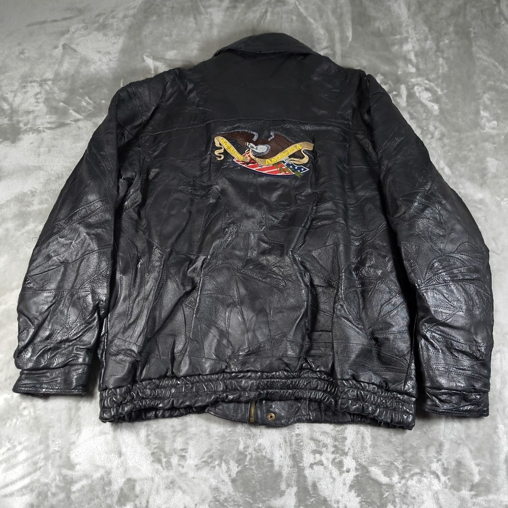 Vintage Leather Jacket Mens XXL USA Flag God Bless America Embroidered Patchwork